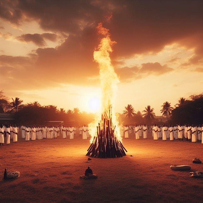 A funeral pyre burning brightly in the dusk. A crowd people stand in a semicircle around the burning pyre. A funeral pyre burning brightly in the dusk. A crowd people stand in a semicircle around the burning pyre.