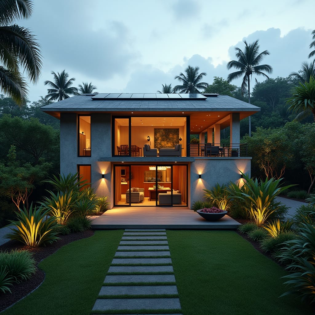 An eco-friendly, modern home in the heart of Kingston, Jamaica, designed with sustainability at its core. The house features a minimalist aesthetic with a flat roof equipped with solar panels and sleek rainwater tanks positioned around the structure for water harvesting. The exterior blends natural materials like reclaimed wood and concrete, providing both durability and environmental harmony. Palm trees and a few native plants frame the house, offering subtle greenery against the urban backdrop. Large windows maximize natural light, while the design ensures energy efficiency through proper insulation and natural ventilation. Eco-conscious architecture, urban sustainability, minimalist design.