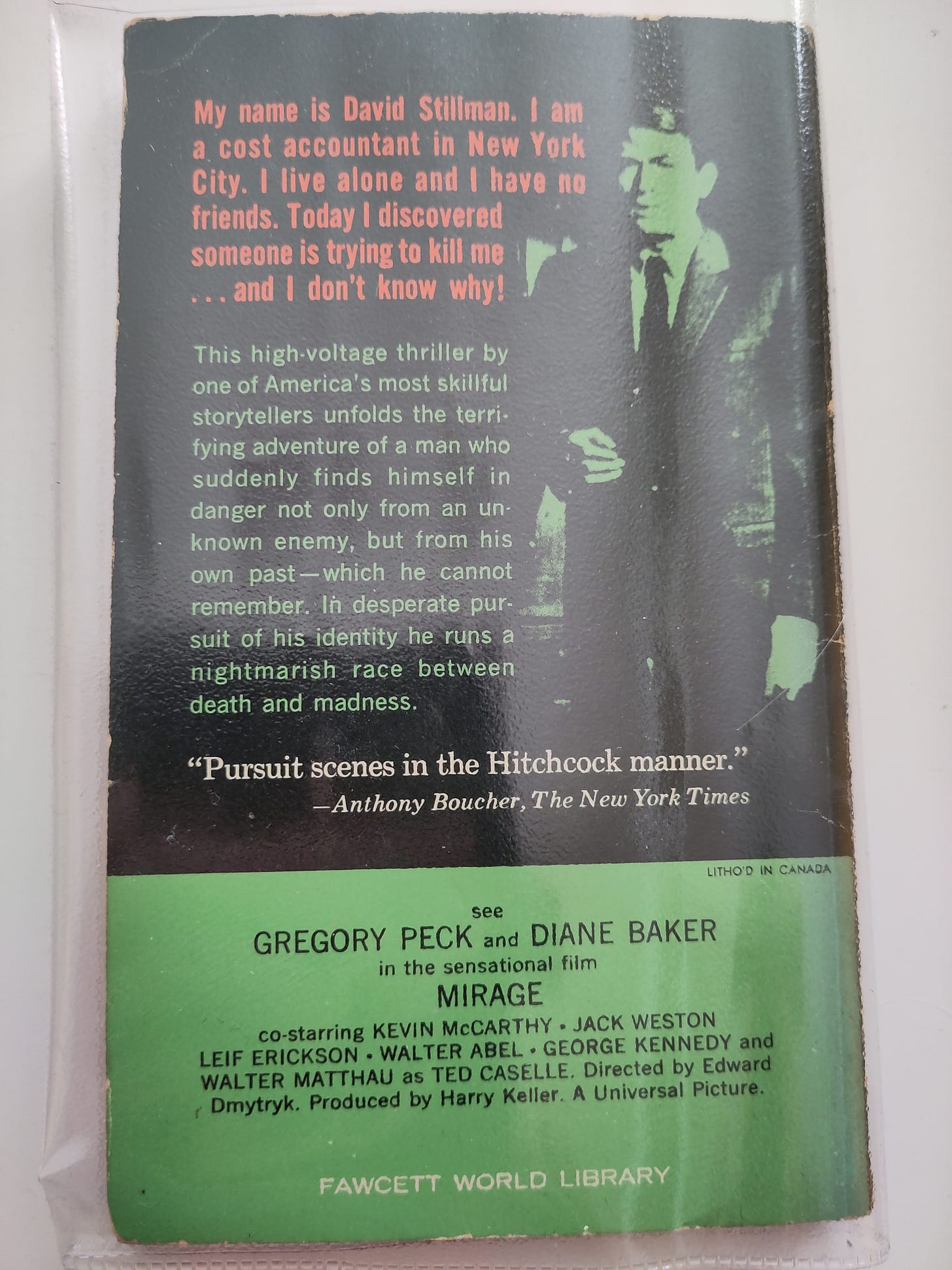 Back cover of the 1965 copy of Fast’s book, filmed as Mirage, starring Gregory Peck