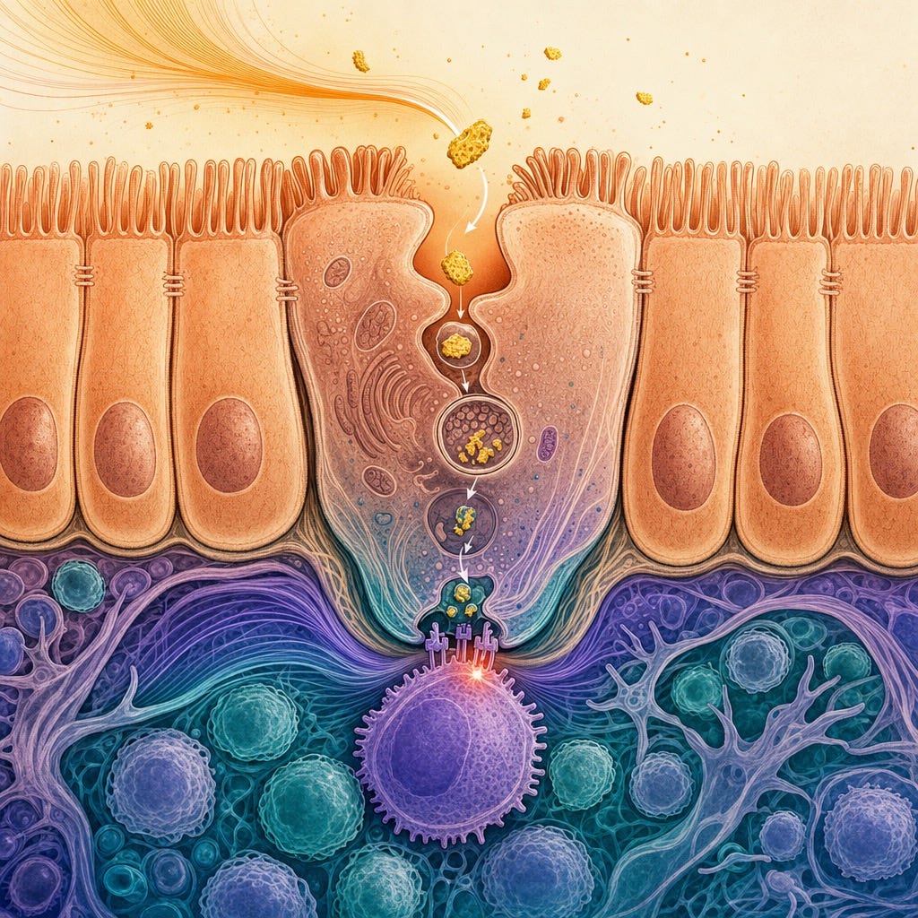 An editorial cutaway of a human intestinal M cell at the border between food and immune tissue, taking up a gluten fragment and presenting it to a CD4 T cell below