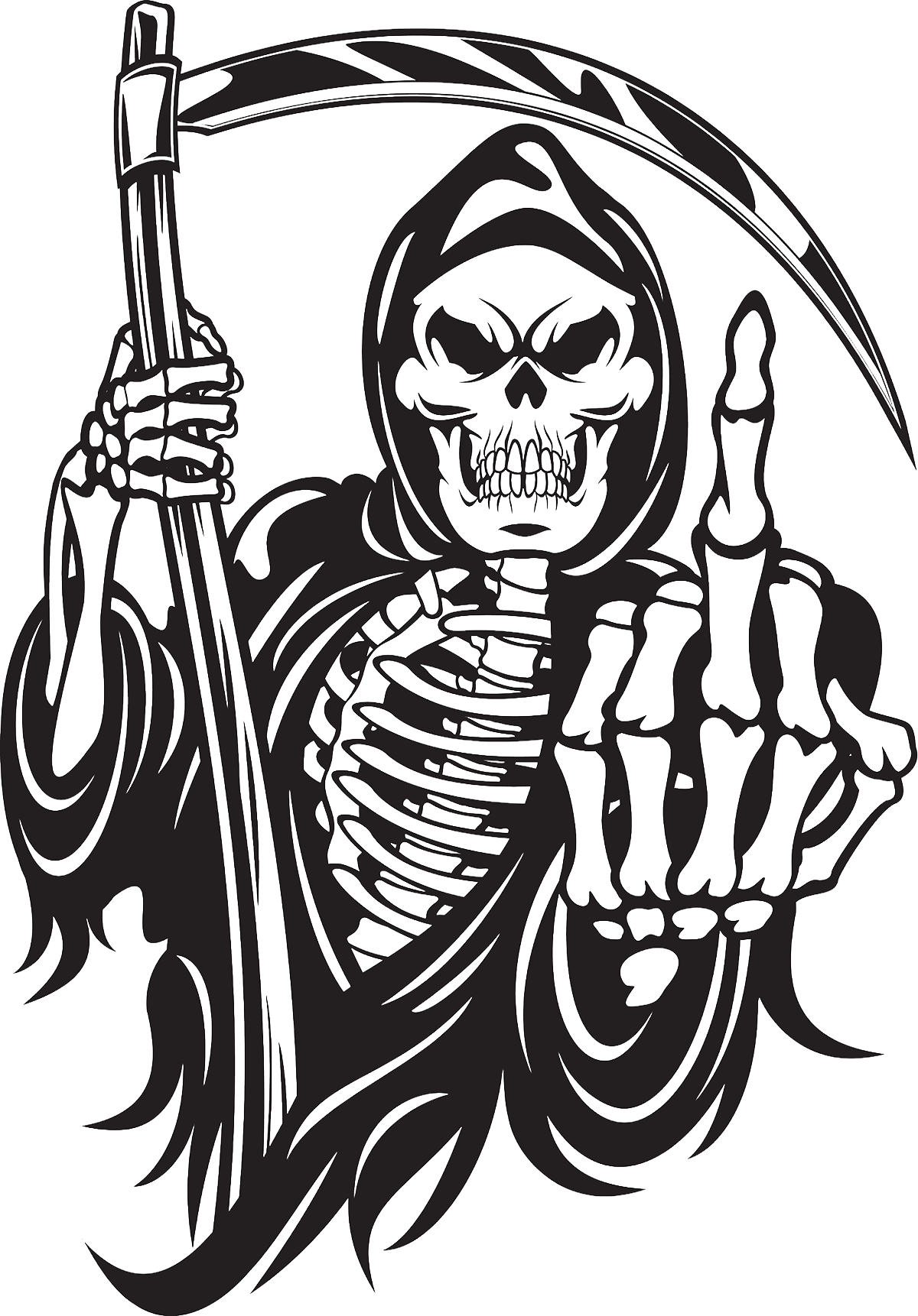 Skeleton man with scythe giving the middle finger Skeleton man with scythe giving the middle finger