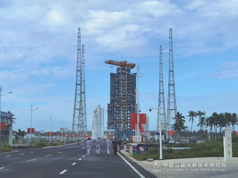 The first and second-stage of the Long March 8A Y3 vehicle heading to Commercial Launch Pad 1.