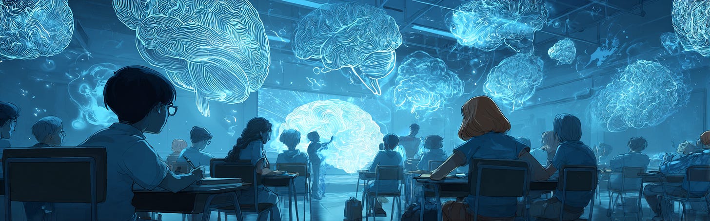 Illustration of students in a modern classroom setting with glowing, translucent blue brain outlines floating above their heads and projected onto the whiteboard. The image highlights the cognitive activity and emotional states within each student's mind as they learn.