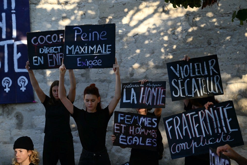 Women have travelled to the courthouse from across France to watch the trial and demonstrate