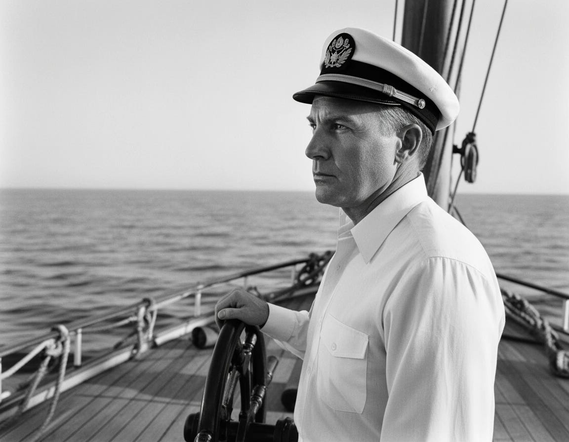 L. Ron Hubbard the founder of Scientology on a boat in black and white