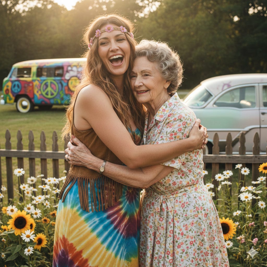 a hippie woman hugging an old fashioned grandma with joy (growing older then and now)