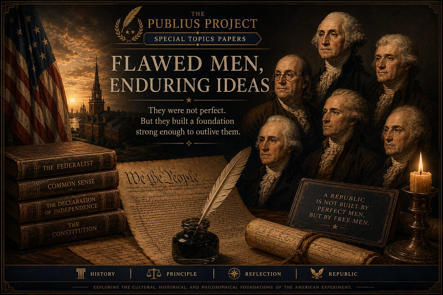 Sepia-toned historical illustration for the essay “Flawed Men, Enduring Ideas.” The image features recognizable portraits of America’s Founding Fathers including George Washington, Thomas Jefferson, Benjamin Franklin, James Madison, and Alexander Hamilton gathered beside parchment copies of founding documents, stacked books titled The Federalist, Common Sense, The Declaration of Independence, and The Constitution, an ink quill, candlelight, and an early American flag overlooking a colonial skyline at sunset. The central text reads: “They were not perfect. But they built a foundation strong enough to outlive them.” The overall mood is reflective, solemn, and patriotic, emphasizing the tension between human imperfection and enduring principles.