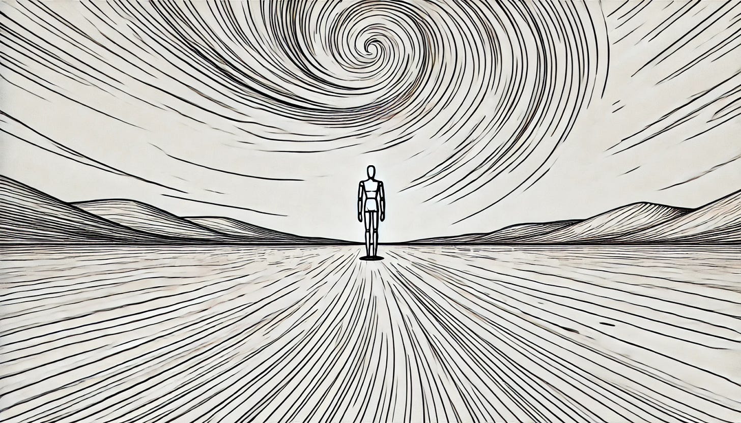 A minimalist and stark line drawing of a vast, empty landscape with a tiny, distant mannequin-like figure being tossed in the air by a hurricane. The mannequin should be placed far away, small but clearly identifiable with rigid, featureless limbs, capturing the classic mannequin form. The landscape should be large, open, and abstract with minimal line details, emphasizing the emptiness and scale. Swirling lines subtly indicate the hurricane's force, focusing on the sense of the mannequin's vulnerability in the vast, desolate environment. The style remains monochromatic, minimalist, with clean, bold lines.