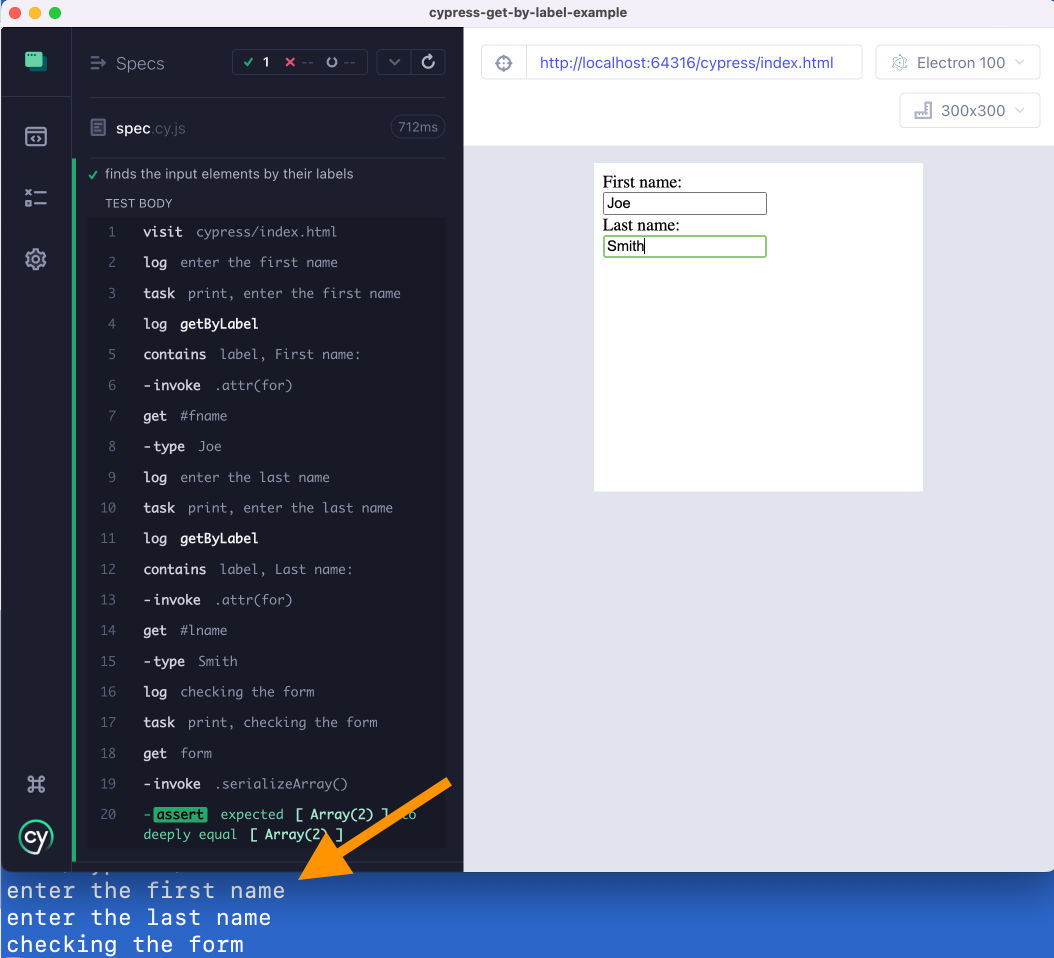 Printing the messages to the terminal using cy.task