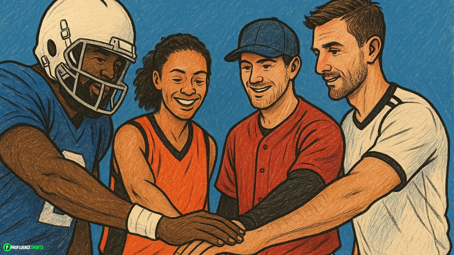 hand drawing of athletes in a huddle