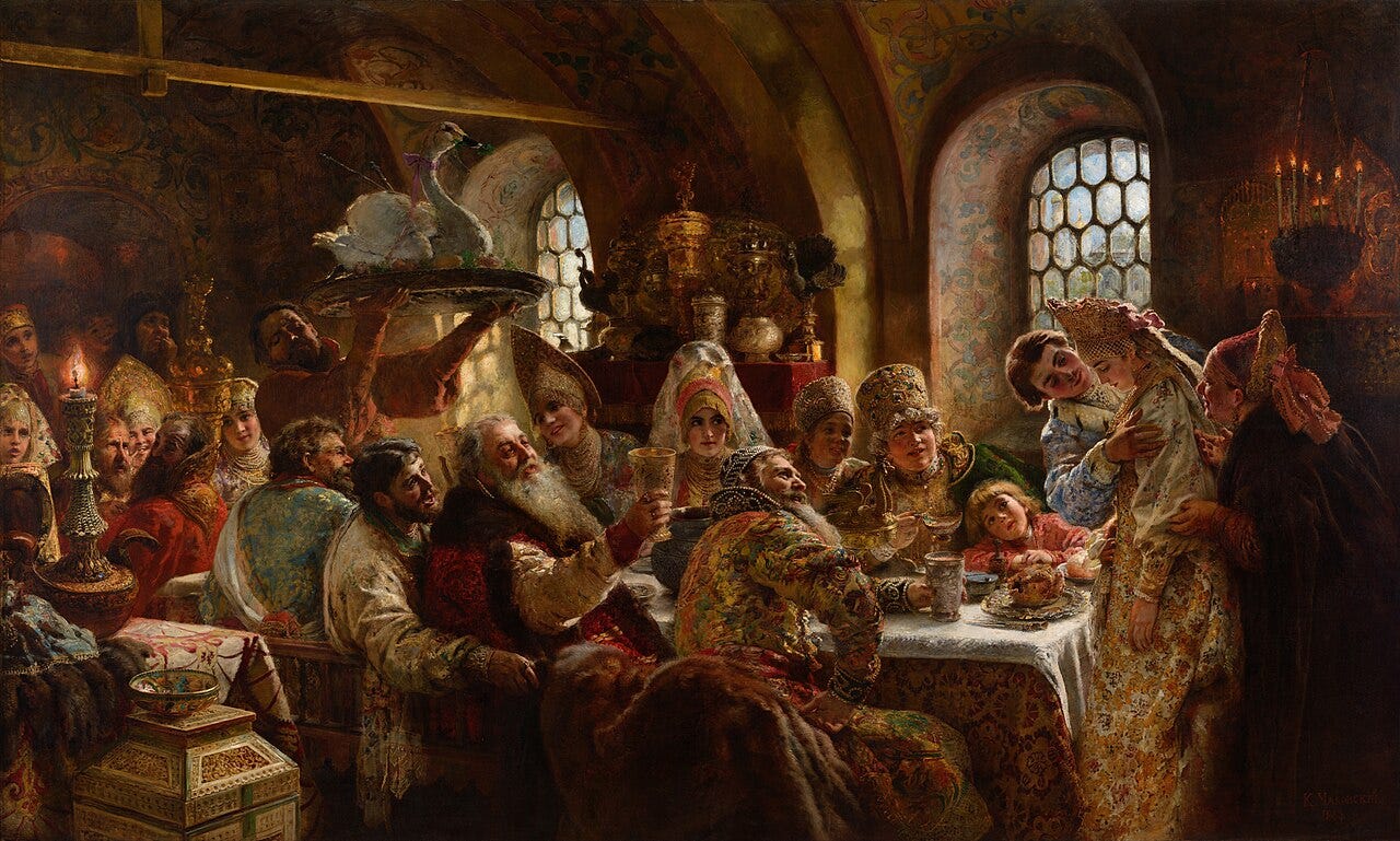 A glowing hall toasting a young couple with a roast swan A glowing hall toasting a young couple with a roast swan