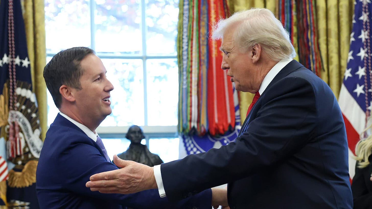 WASHINGTON, DC - NOVEMBER 10: U.S. President Donald Trump shakes hands with U.S. Ambassador to India Sergio Gor, during his swearing-in ceremony in the Oval Office of the White House on November 10, 2025 in Washington, DC. In addition to serving as Ambassador to India, President Trump appointed Gor as Special Envoy to South and Central Asia. Gor previously served as Assistant to the President and Director of Presidential Personnel at the White House. (Photo by Anna Moneymaker/Getty Images)
