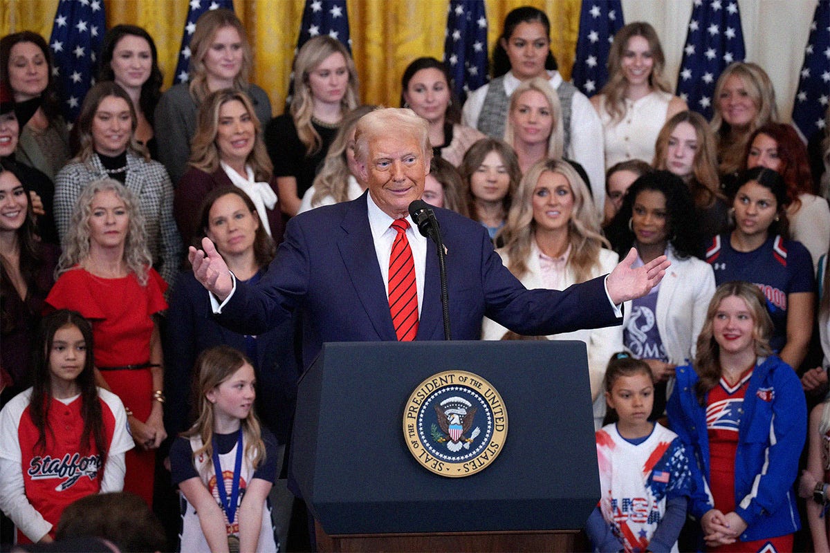 U.S. President Donald Trump delivers remarks before signing the “No Men in Women’s Sports” executive order in the East Room at the White House on February 5, 2025 in Washington, DC. The executive order, which Trump signed on National Girls and Women in Sports Day, prohibits transgender women from competing in women’s sports and is the third order he has signed that targets transgender people. U.S. President Donald Trump delivers remarks before signing the “No Men in Women’s Sports” executive order in the East Room at the White House on February 5, 2025 in Washington, DC. The executive order, which Trump signed on National Girls and Women in Sports Day, prohibits transgender women from competing in women’s sports and is the third order he has signed that targets transgender people.