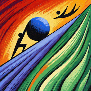 An abstract illustration depicting a figure pushing a large sphere uphill against a colorful background of swirling lines, symbolizing effort and struggle in the context of productivity.