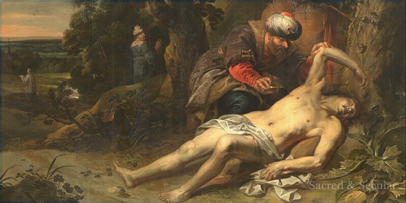 A seventeenth-century painting showing the Good Samaritan bending over and tending to a wounded man lying almost naked beside the road. The injured man dominates the foreground while the Samaritan carefully helps him, emphasising vulnerability, compassion and the unexpected source of mercy. A seventeenth-century painting showing the Good Samaritan bending over and tending to a wounded man lying almost naked beside the road. The injured man dominates the foreground while the Samaritan carefully helps him, emphasising vulnerability, compassion and the unexpected source of mercy.