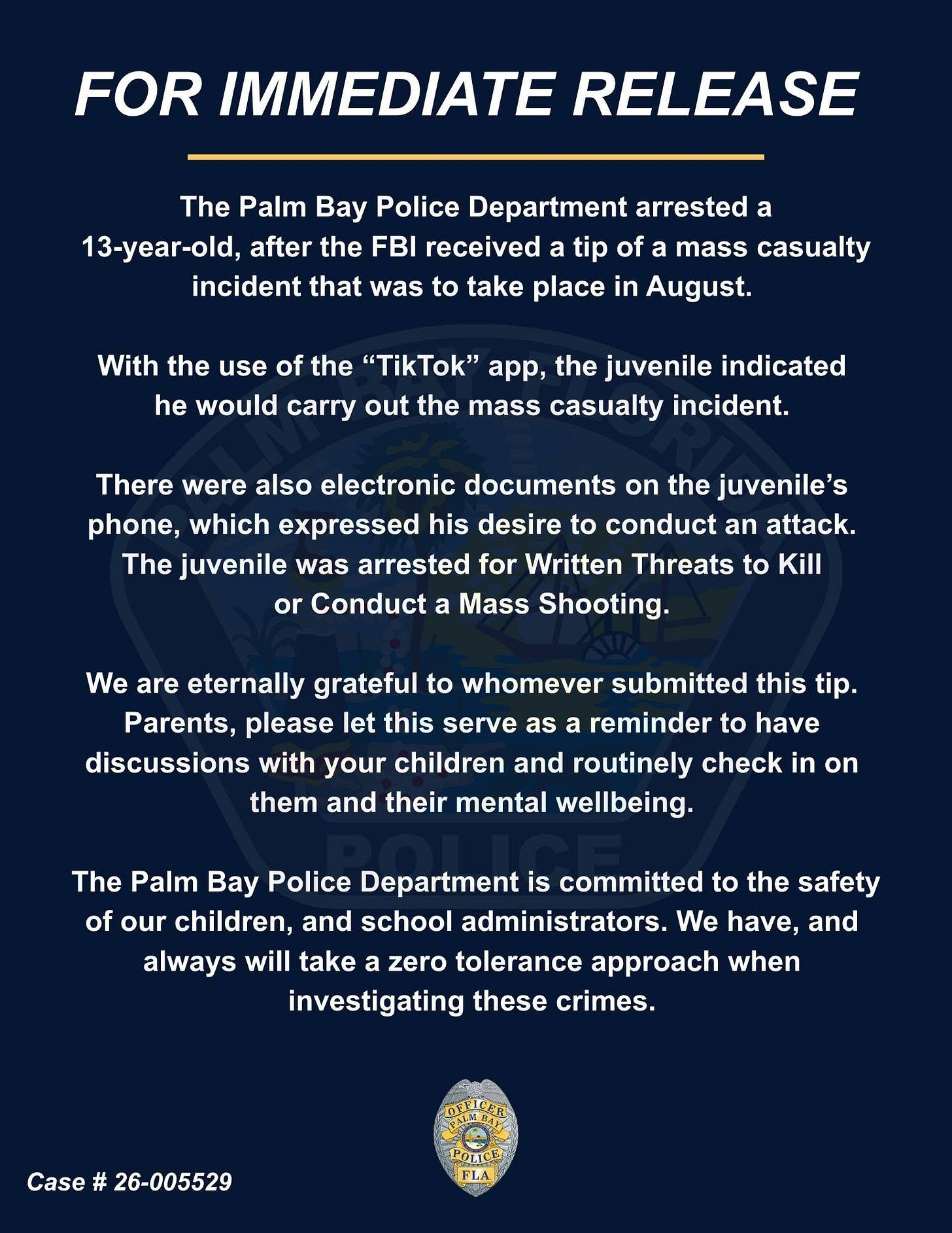 Official Palm Bay Police Department Press Release — Case # 26-005529 Official Palm Bay Police Department Press Release — Case # 26-005529
