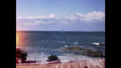 A group of nine composite images with themes that include the ocea, closeups of sand and wide shots of beaches, waves crashing in various directions, a pocket watch, the full moon, trees and nature, blue amoeba-like specs, and a person crouching on the beach. The images span from textured and grainy 8mm to high-definition and more smooth.