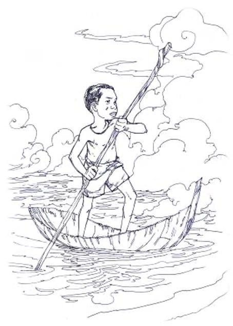 Illustration of a young person standing on a canoe, shirtless but wearing a necklace and shorts. The canoe and the other end of the paddle the person is holding appear to be in a body of water. 