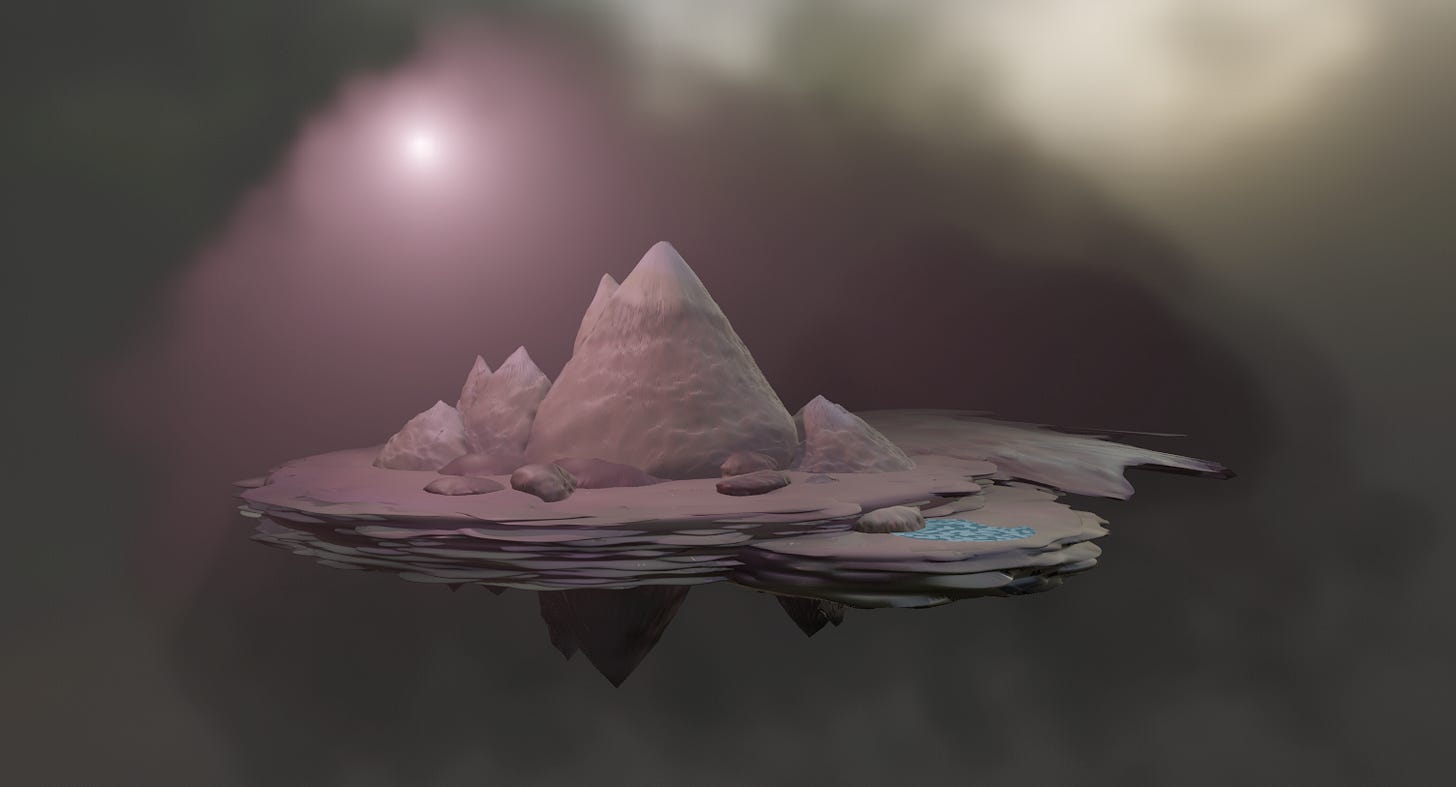 A dusty pink floating island floats in a misty sky, with a pink sun shining down upon it.