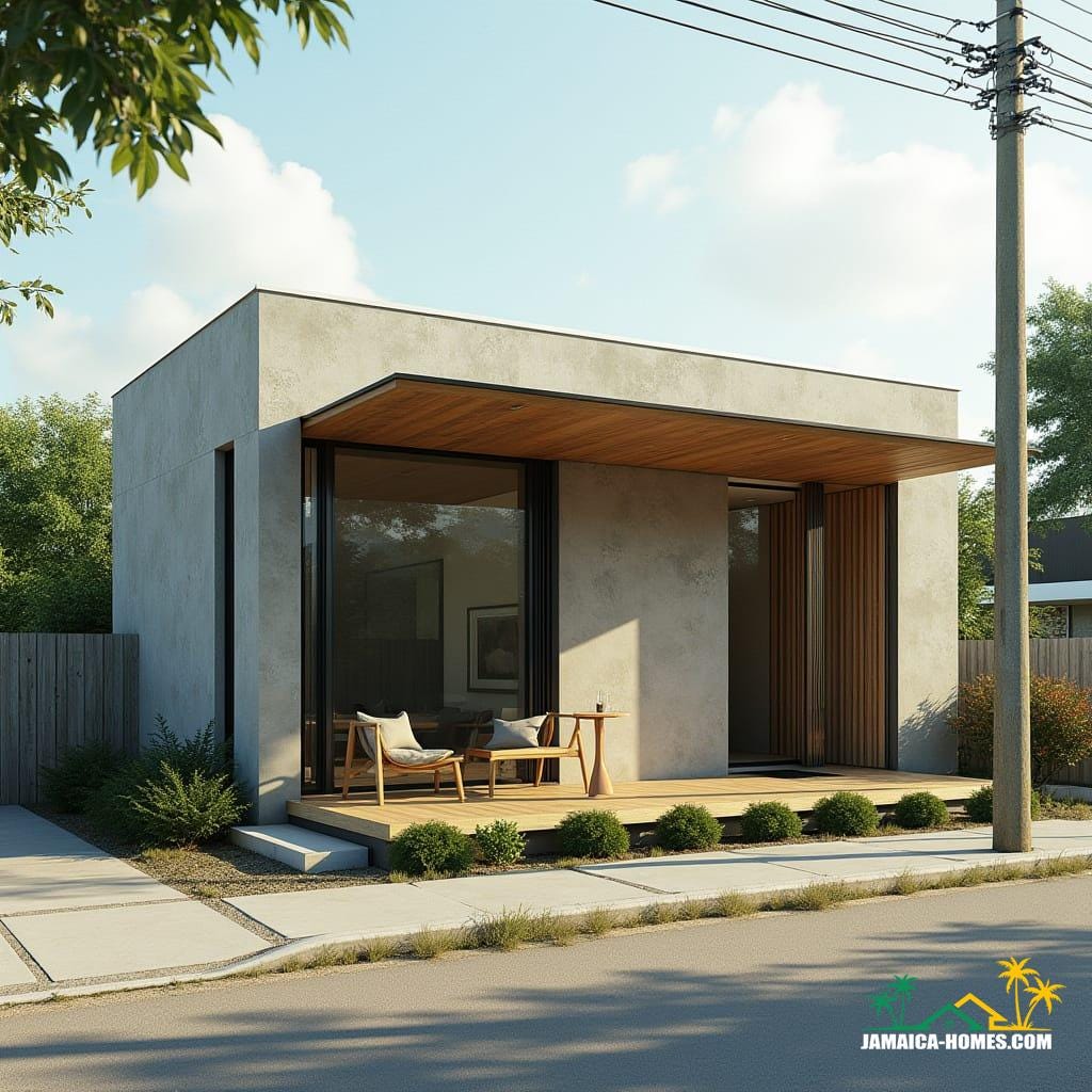 Kingston Minimalist Micro Home
Design: Single 20-ft module with front timber pergola and small patio.
Materials: Concrete, steel, glass, timber for outdoor area.
Features: Rainwater harvesting, solar panels, thin vertical windows, ventilated roof.
Environment: Small urban lot, paved streets, tropical sunlight.
Style Notes: Compact, ultra-modern, sustainable, cozy but stylish.