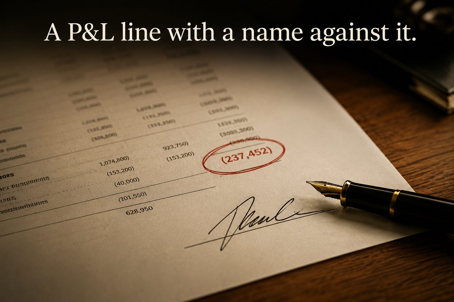 P&L statement with a circled loss and a signed name, illustrating accountability for outcomes. P&L statement with a circled loss and a signed name, illustrating accountability for outcomes.