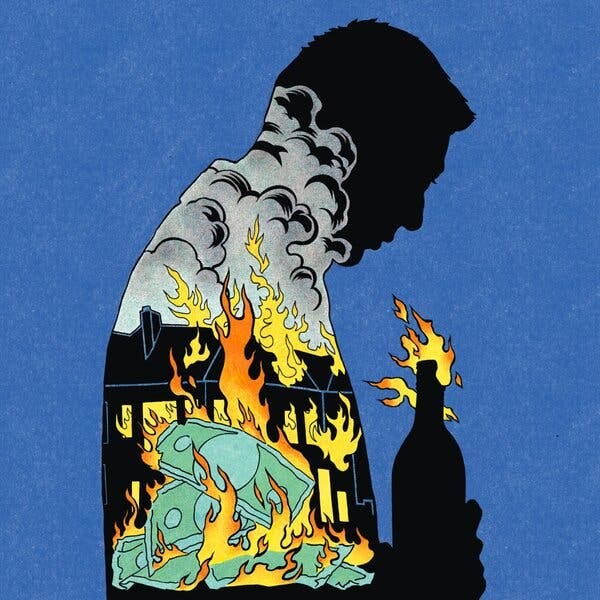 An illustration featuring a person’s silhouette emerging from the top of a building that is going up in flames. Green dollar bills in front of the building are also burning. An illustration featuring a person’s silhouette emerging from the top of a building that is going up in flames. Green dollar bills in front of the building are also burning.
