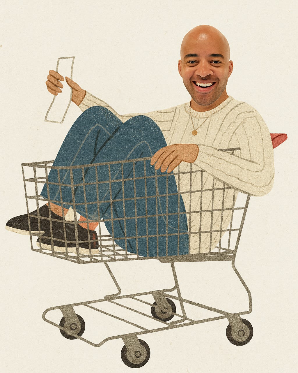An illustrated shopping cart with a smiling Ethan photoshopped into it, holding a long receipt. Ethan wears a cream cable-knit sweater and sits cross-legged inside the cart, blending humorously with the vintage-style illustration. 