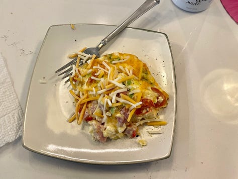 My photos of the frittata, the rain chain, and the cloudy skies