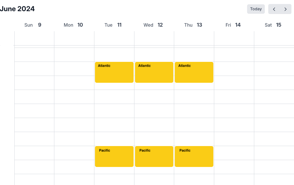 Calendar view showing six possible slots a week Calendar view showing six possible slots a week