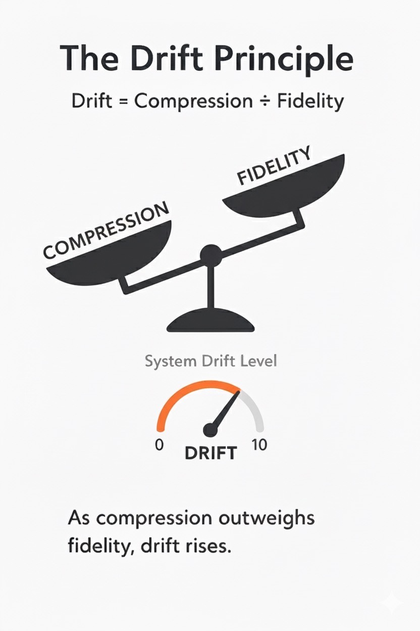 A simple graphic of the Drift Principle. A tilted balance scale shows “Compression” weighing heavier than “Fidelity,” with a gauge below marking high drift levels from 0 to 10. Text reads: “Drift = Compression ÷ Fidelity.” The image represents how systems lose meaning as compression rises and fidelity drops—a visual metaphor for cultural drift, semantic drift, and synthetic realness in optimized digital environments.