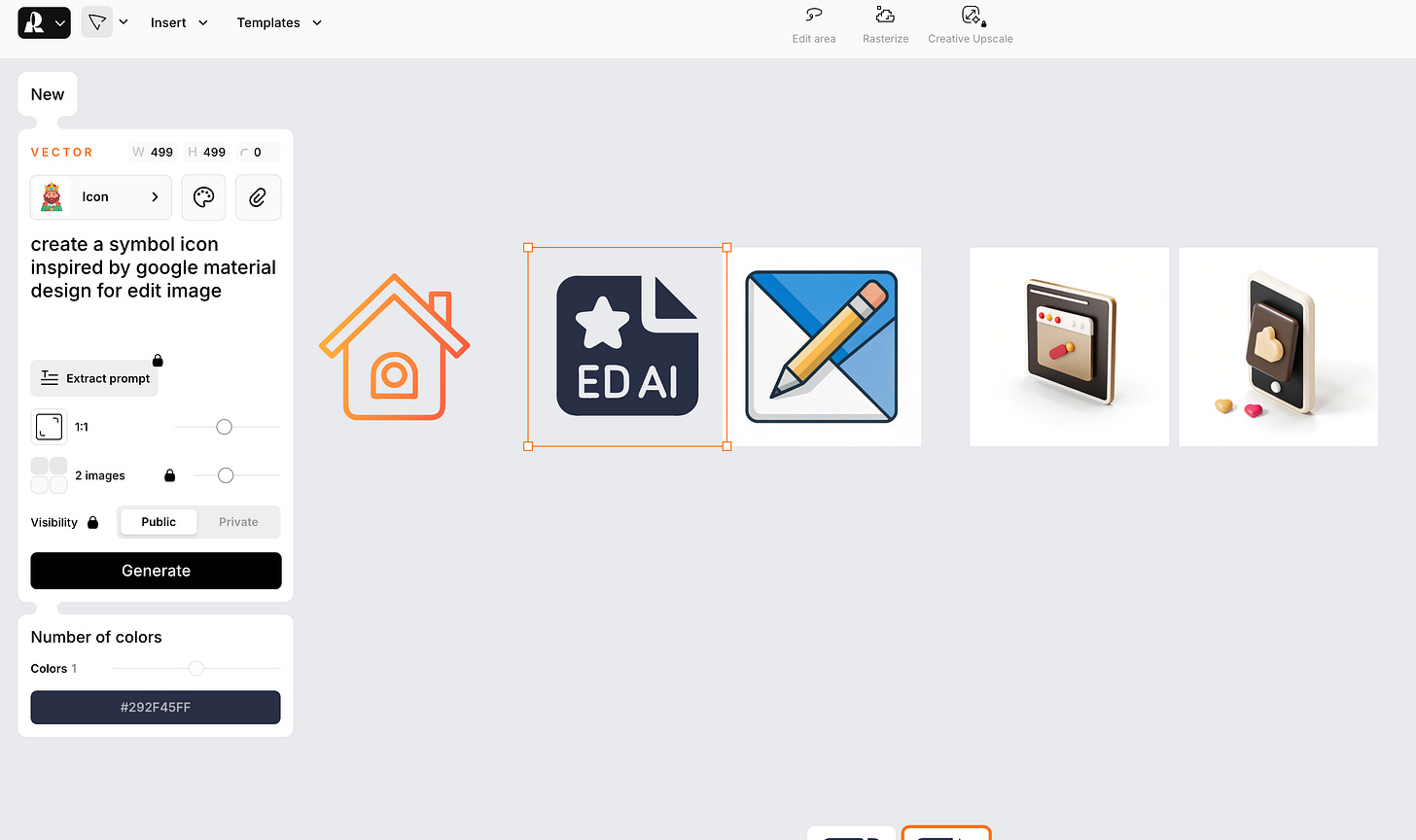 Screenshot showing how to generate icons in Recraft.