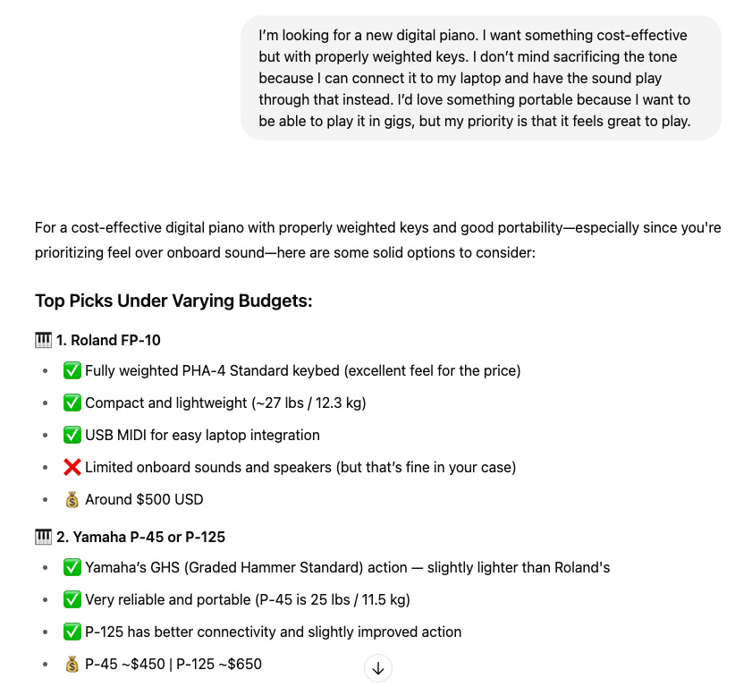A ChatGPT window with the detailed query, and a list of suggested digital pianos by model, along with their advantages and disadvantages.
