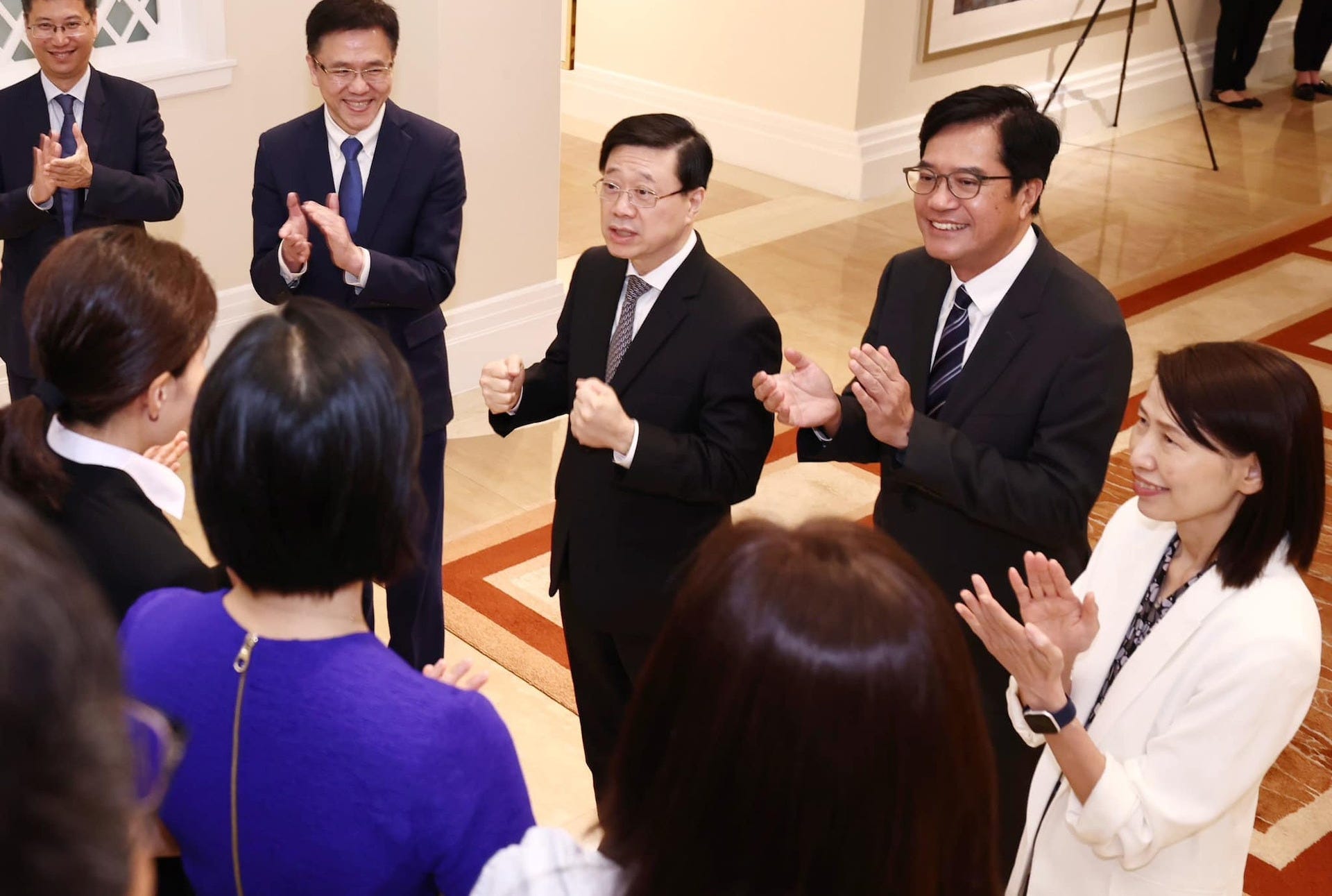 Chief Executive John Lee Ka-chiu (center) and other Hong Kong officials meeting the Special Administrative Region’s taikonaut candidates in June 2023. Chief Executive John Lee Ka-chiu (center) and other Hong Kong officials meeting the Special Administrative Region’s taikonaut candidates in June 2023.
