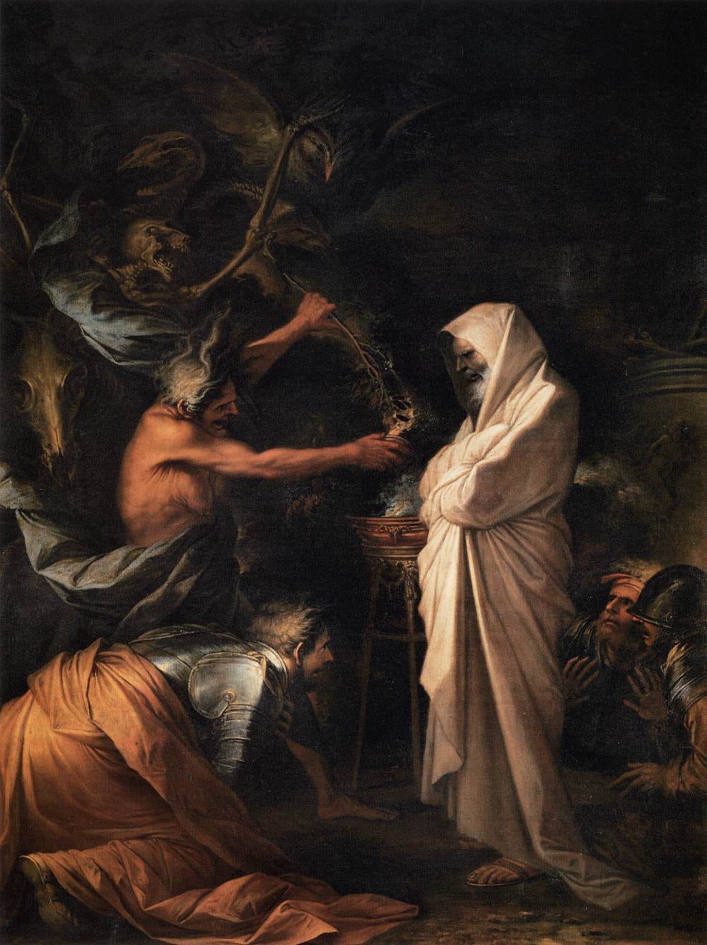 A dead prophet rising in white before a kneeling king A dead prophet rising in white before a kneeling king