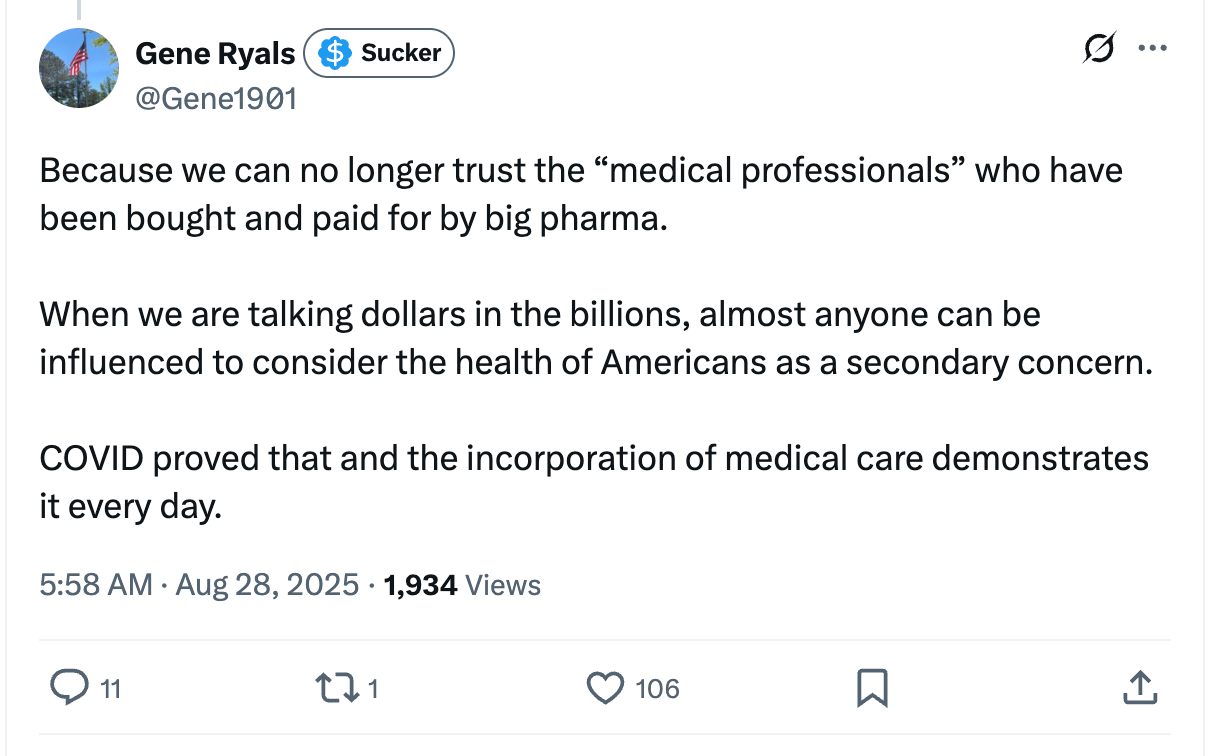 Because we can no longer trust the “medical professionals” who have been bought and paid for by big pharma. When we are talking dollars in the billions, almost anyone can be influenced to consider the health of Americans as a secondary concern. COVID proved that and the incorporation of medical care demonstrates it every day. Because we can no longer trust the “medical professionals” who have been bought and paid for by big pharma. When we are talking dollars in the billions, almost anyone can be influenced to consider the health of Americans as a secondary concern. COVID proved that and the incorporation of medical care demonstrates it every day.