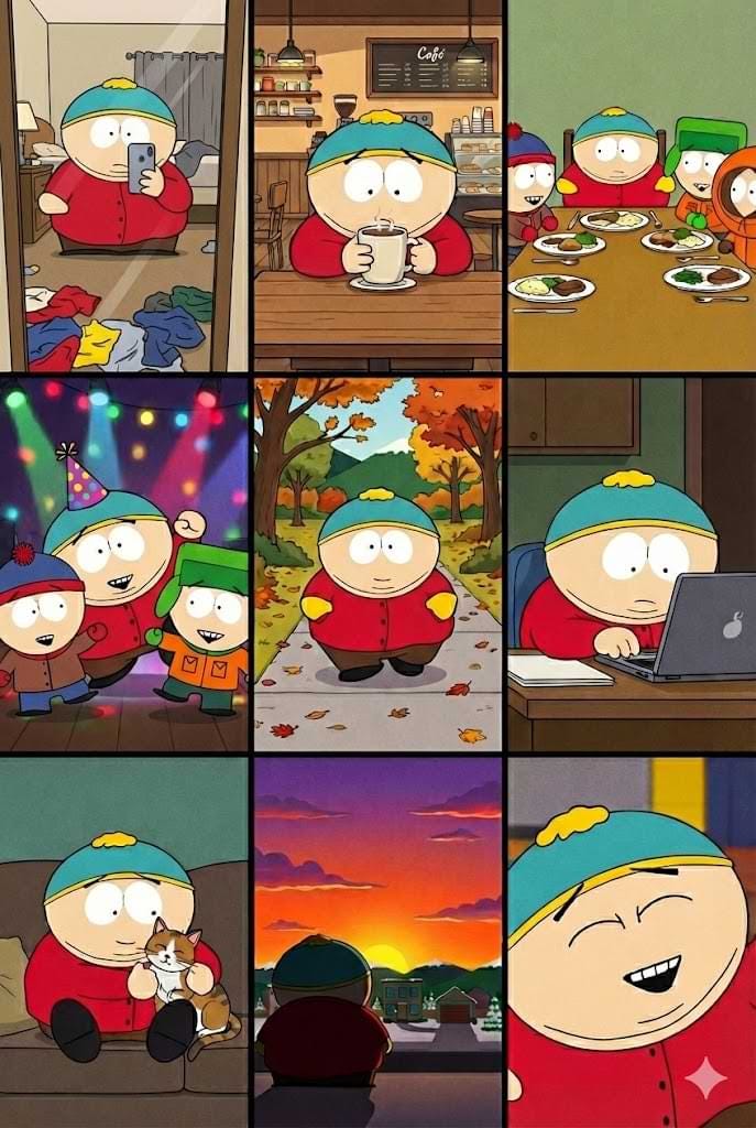 An AI-generated image grid of South Park character Eric Cartman in various lifestyle scenes, demonstrating Google Nano Banana Pro’s capability in creating images of copyrighted characters. copyright generation capabilities of Google Nano Banana Pro.