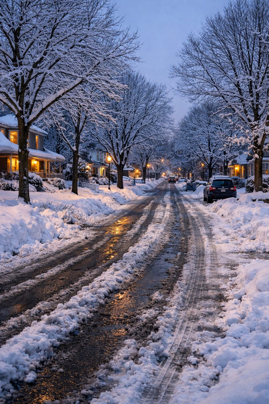 A late-January neighborhood street after a heavy snowfall, with snow piled along sidewalks, slushy tire tracks on the road, bare trees dusted white, and warm interior lights glowing at dusk.