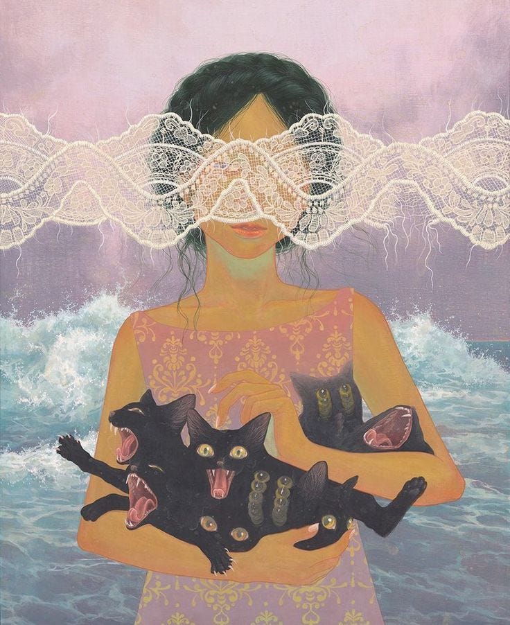 This may contain: a woman holding two cats in her arms with an angel above her head over the ocean