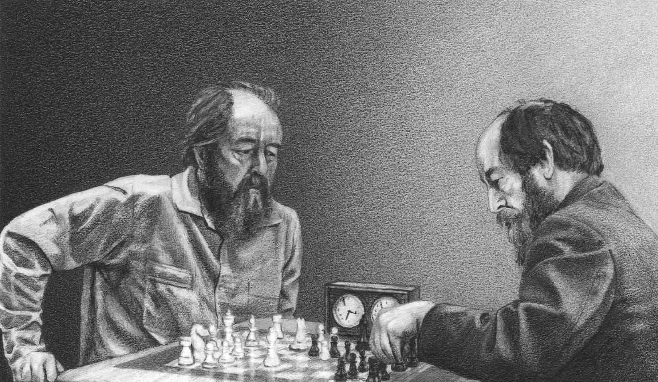 Black and white drawing of two identical bearded men playing chess. 