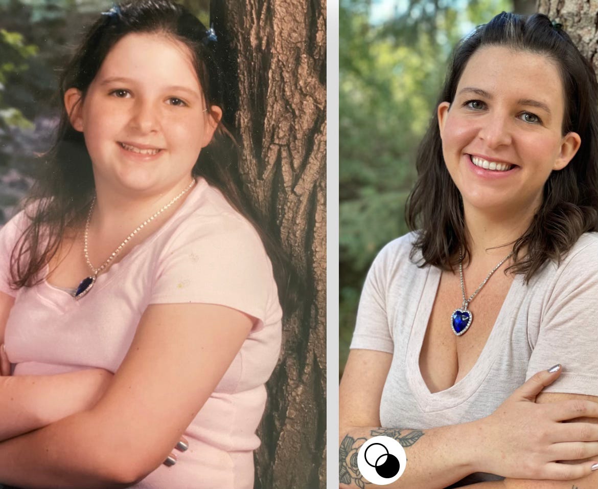 Two photos of Megan Falley, side by side. The first, at age 9, for school picture day, wearing the Heart of the Ocean necklace, in a pink t-shirt, and butterfly clips, posing against a fake tree. The second photo, recreated in the same outfit, around 25 years later. Two photos of Megan Falley, side by side. The first, at age 9, for school picture day, wearing the Heart of the Ocean necklace, in a pink t-shirt, and butterfly clips, posing against a fake tree. The second photo, recreated in the same outfit, around 25 years later.