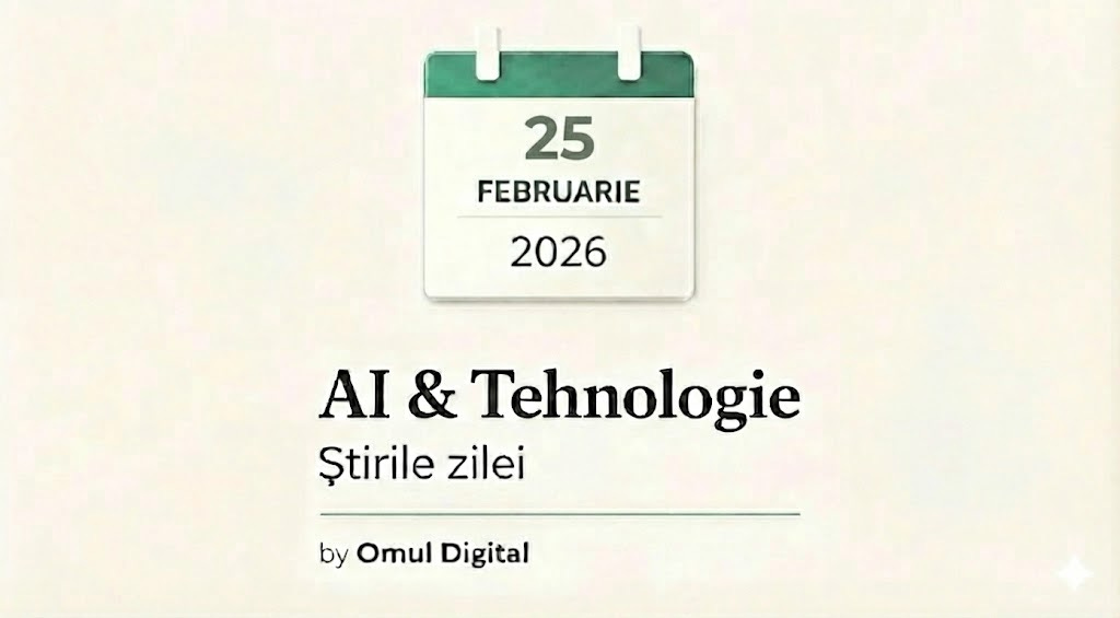 Vizual editorial pentru știri zilnice despre AI și tehnologie, cu un calendar minimalist care afișează data curentă, titlul «AI & Tehnologie – Știrile zilei» și branding discret Omul Digital, pe fundal deschis și curat. Vizual editorial pentru știri zilnice despre AI și tehnologie, cu un calendar minimalist care afișează data curentă, titlul «AI & Tehnologie – Știrile zilei» și branding discret Omul Digital, pe fundal deschis și curat.