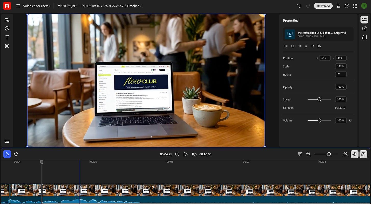 Adobe Firefly browser-based video editor showing a coffee shop video clip on a multi-track timeline, with a properties panel open for a selected clip, including controls for position, scale, opacity, speed, duration, and volume