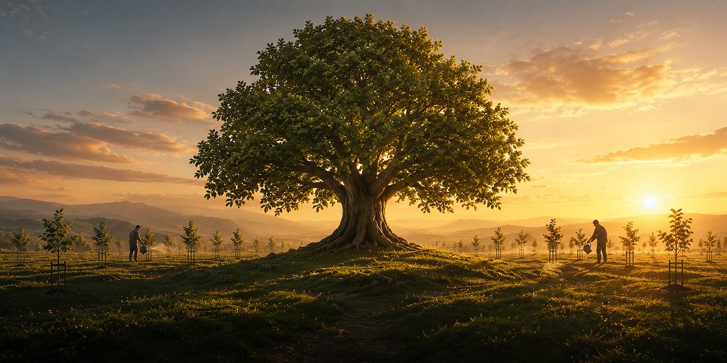 A panoramic illustration of a vast orchard at golden hour. A magnificent mature tree stands at the centre of the landscape, its full canopy glowing in the warm evening light. On both sides, orderly rows of young saplings stretch into the distance, with two gardeners quietly watering them. Rolling hills and mountains fade into the background beneath a soft, amber sky, creating a calm, hopeful scene that suggests nurturing future growth alongside an already flourishing success. A panoramic illustration of a vast orchard at golden hour. A magnificent mature tree stands at the centre of the landscape, its full canopy glowing in the warm evening light. On both sides, orderly rows of young saplings stretch into the distance, with two gardeners quietly watering them. Rolling hills and mountains fade into the background beneath a soft, amber sky, creating a calm, hopeful scene that suggests nurturing future growth alongside an already flourishing success.
