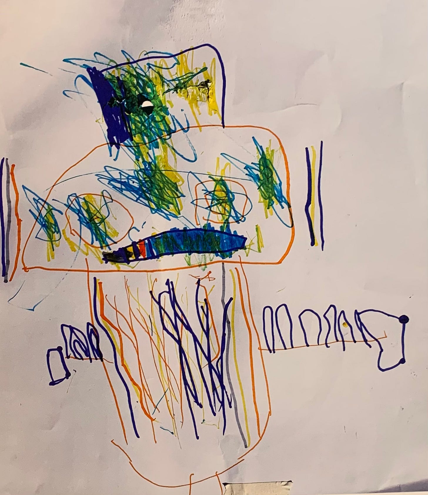 A drawing of a robot. It has eyes and a mouth and wirey arms.