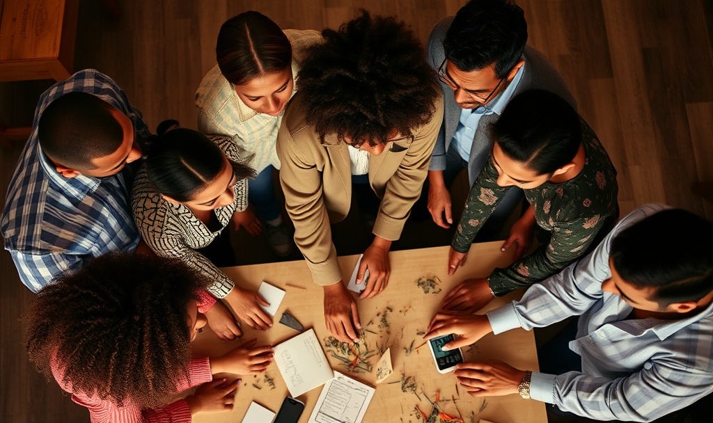 A group of diverse people working together on something—building, creating, or problem-solving. 