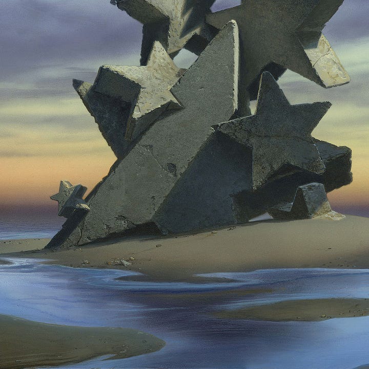 LEFT: Figure detail of DREAMSEEKER featuring a woman in white shawl standing on top of an uneven stack of concrete stars. She’s facing right as the light of sun hits her. Her tan skirt reaches her calves, and it’s clear that she is barefoot even though we can’t see past her ankle at a low angle view. RIGHT: Detail of DREAMSEEKER focusing on the tidal island surrounded by water. Concrete stars form an uneven stack in the sand, intersecting each other and the ground chaotically. Light reflects off placid water. The sky on the horizon is a gradient of yellow-orange to green that gives way to a layer of clouds that are darker blue than the sky.