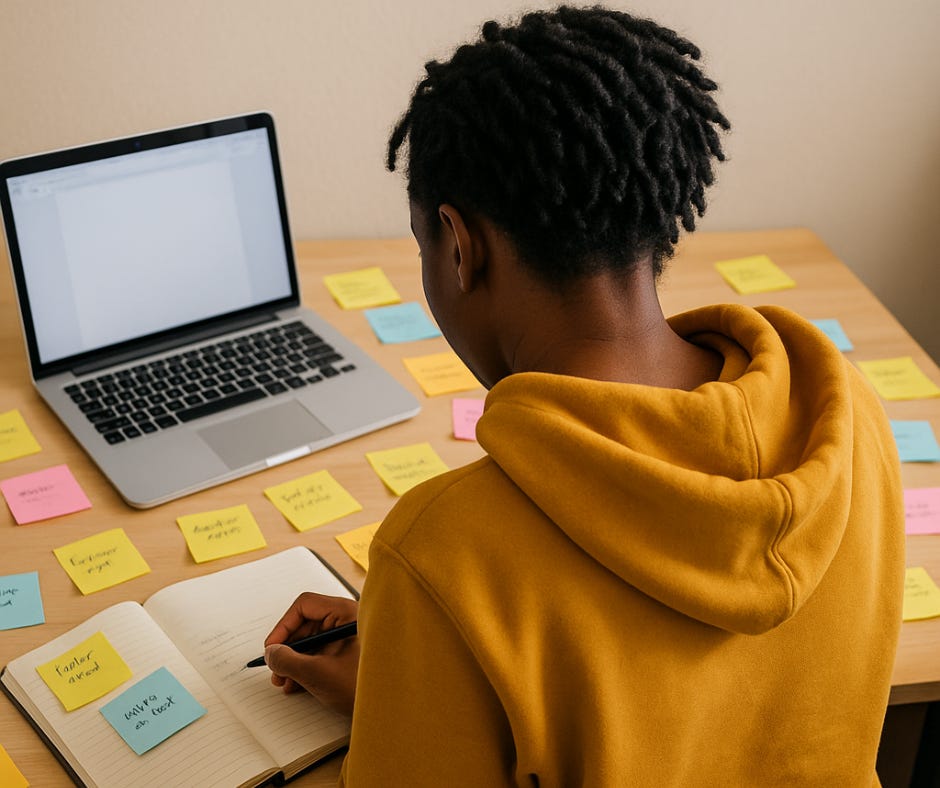 A person wearing a yellow hoodie sits at a wooden desk, seen from behind, writing in a notebook titled “My Book.” The desk is scattered with colorful Post-it notes and an open laptop, creating a realistic scene of brainstorming and drafting.