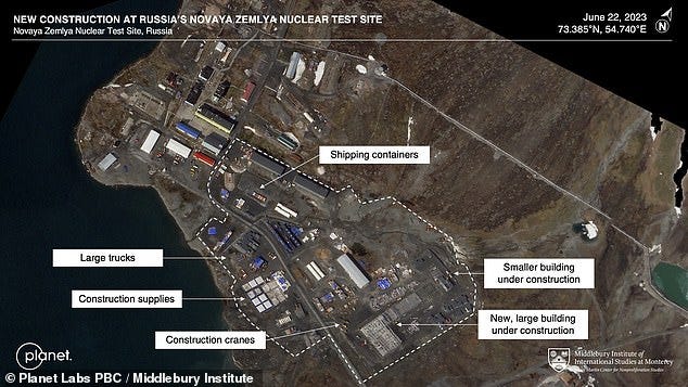 Satellite images from Russia's Novaya Zemlya test site show significant construction activity over the past two years Satellite images from Russia's Novaya Zemlya test site show significant construction activity over the past two years