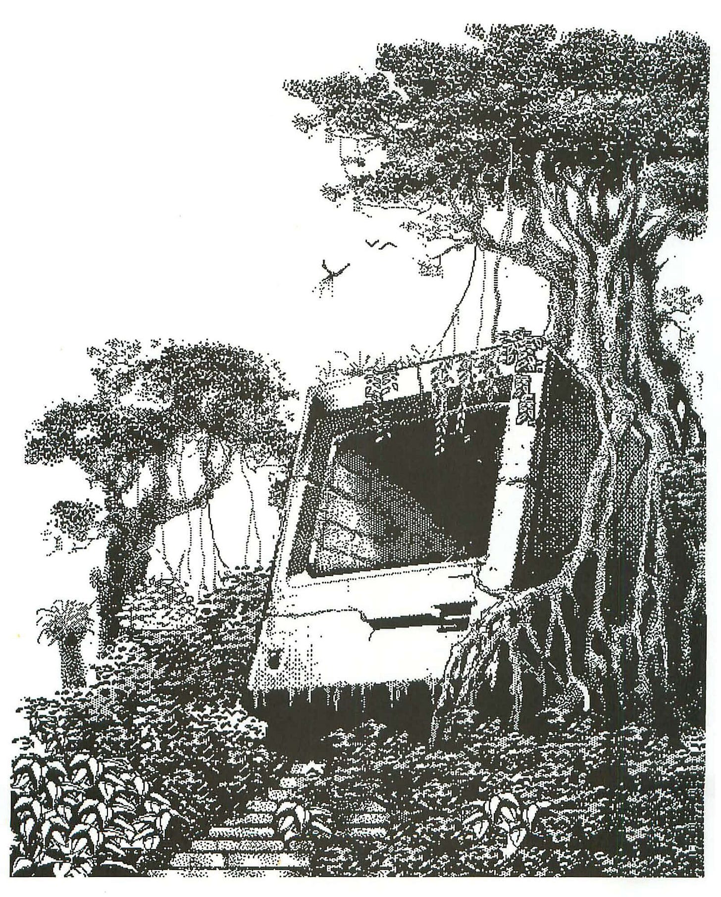 The shell of a Macintosh overgrown by a tree The shell of a Macintosh overgrown by a tree