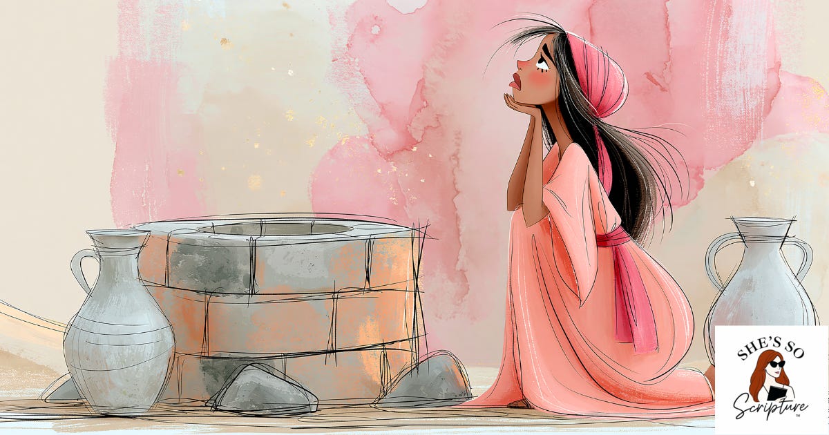 Whimsical watercolor illustration of a woman kneeling beside a desert well at golden hour, in blush pink and cream tones with sketchy ink outlines. Whimsical watercolor illustration of a woman kneeling beside a desert well at golden hour, in blush pink and cream tones with sketchy ink outlines.
